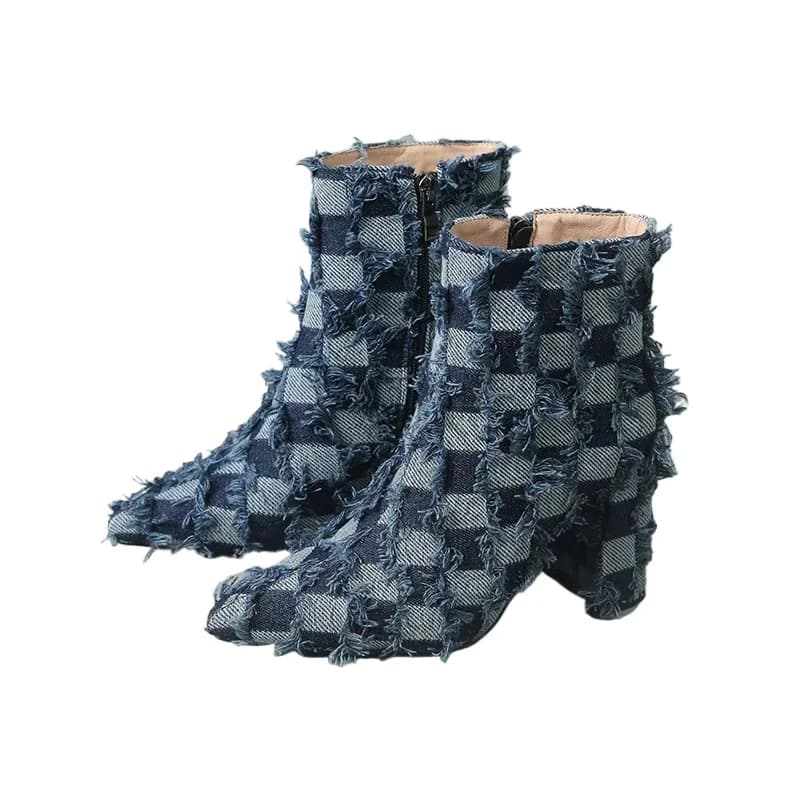 Stivaletti Donna Jeans denim di lusso Blu Nero Checker Punta a punta Tacchi alti Inverno caldo con frange Stivaletti gotici