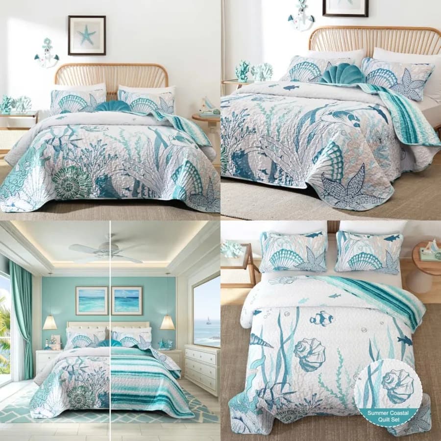 Set di Biancheria da Letto Coastal Quilts, Collezione Estiva Verde con Pesci e Coralli, Set Copripiumino Nautico con Federe, Tema Oceano e Spiaggia Reversibile