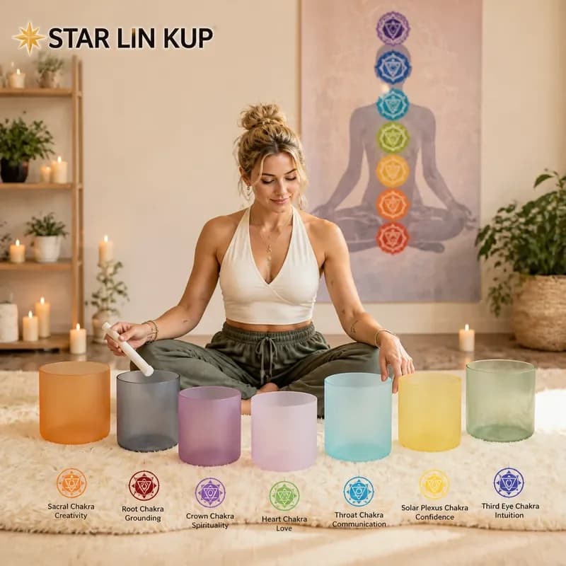 STAR LIN KUP 432Hz Matte Transparent Alchemy Crystal Singing Bowl Set 7 Chakras Healing Meditation Sound Therapy with
