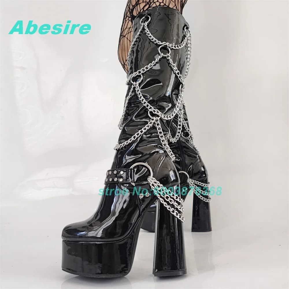 Chain Rivet Metal Decoration Patchwork Boots Platform Zipper Chunky Heels Patent Leather Shoes for Women Punk Rock Shoes 2026
