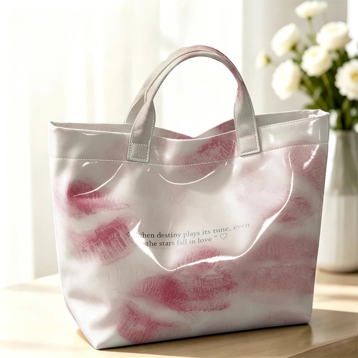 Lip Print Quote Paper Stylish Large Glossy PVC Tote Bag Washable Waterproof Durable Ideal for Travel Commute Cosmetics Handbags