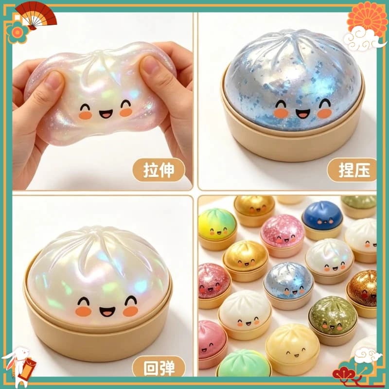 SSSHot Realistic Giant Dumpling Squeeze Toy with Bamboo Steamer Soft TPR Dough Ball Decompression Fidget Toy Funny Creative Gift