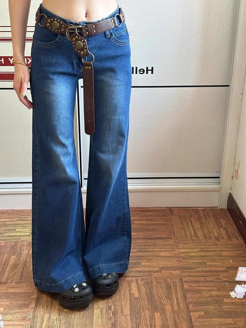 Retro Washed Low Waist Blue Denim Jeans Women's Y2K Millennium Style Slimming Micro Flared Pants Spring Summer Ladies Jeans