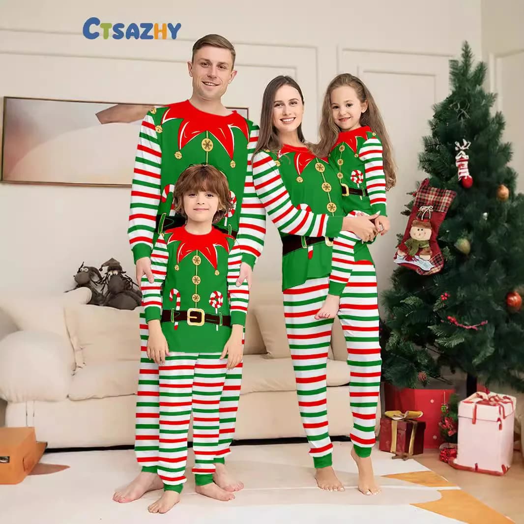 Regali di Capodanno, abiti natalizi genitore-figlio, abbigliamento per la casa stampato a righe verdi e rosse, set pigiami per la famiglia e tute per bambini