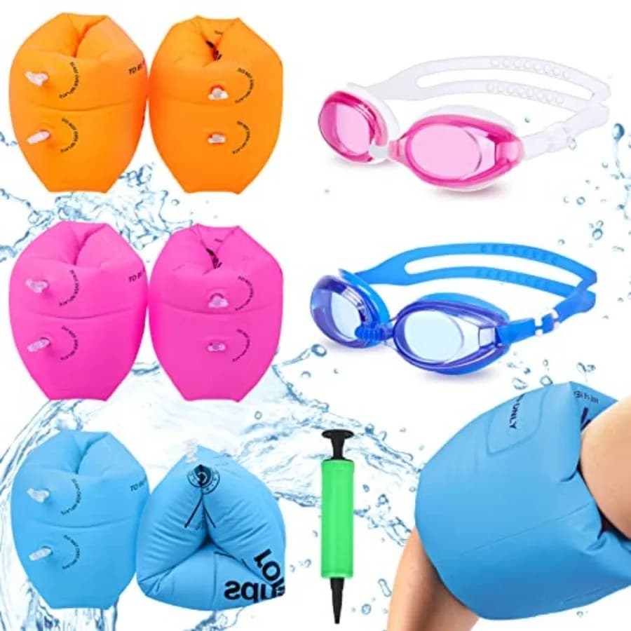 Arm Floaties for 6-12yrs, PVC Arm Floaties Inflatable Swim Arm Bands Floater Sleeves Swimming Rings and Swimming Goggles Floati