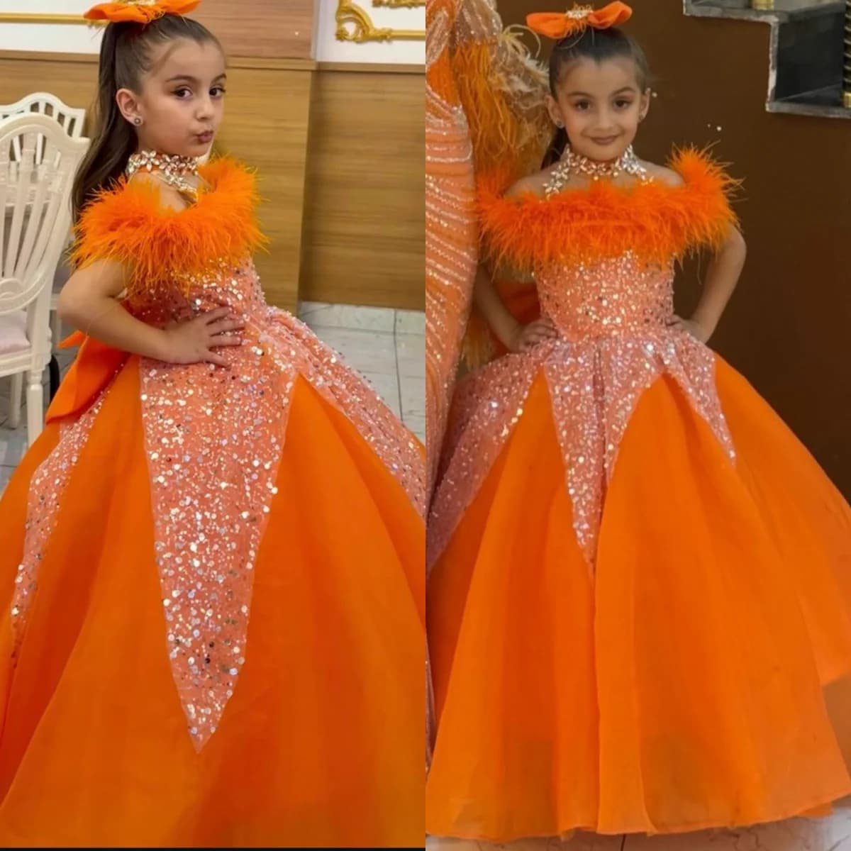 Abiti da festa di compleanno per ragazze con piume arancioni Abiti da ragazza di fiori in cristallo personalizzati per abiti da spettacolo per neonate da matrimonio