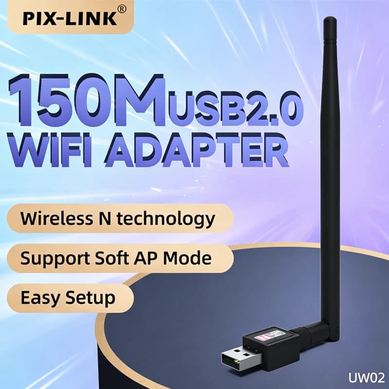 Adattatore WiFi USB PIX-LINK UW02-5DB 150Mbps 2.4GHz Wireless-N, Dongle USB Soft AP Hotspot con antenna regolabile da 5dBi per PC
