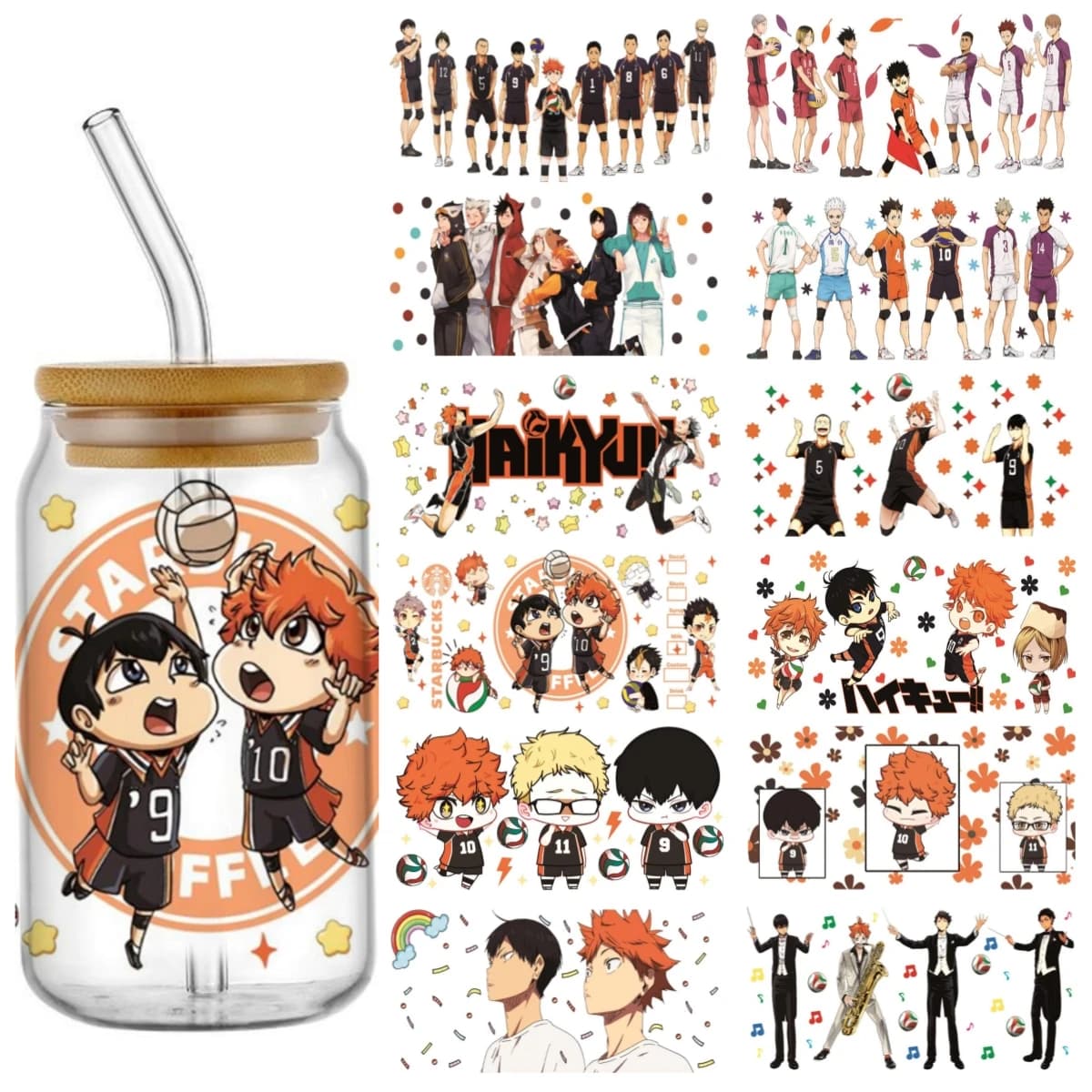 Adhesive UV DTF for 16oz Libbey glasses, youth volleyball pattern, to decorate cups and Libbey glasses.