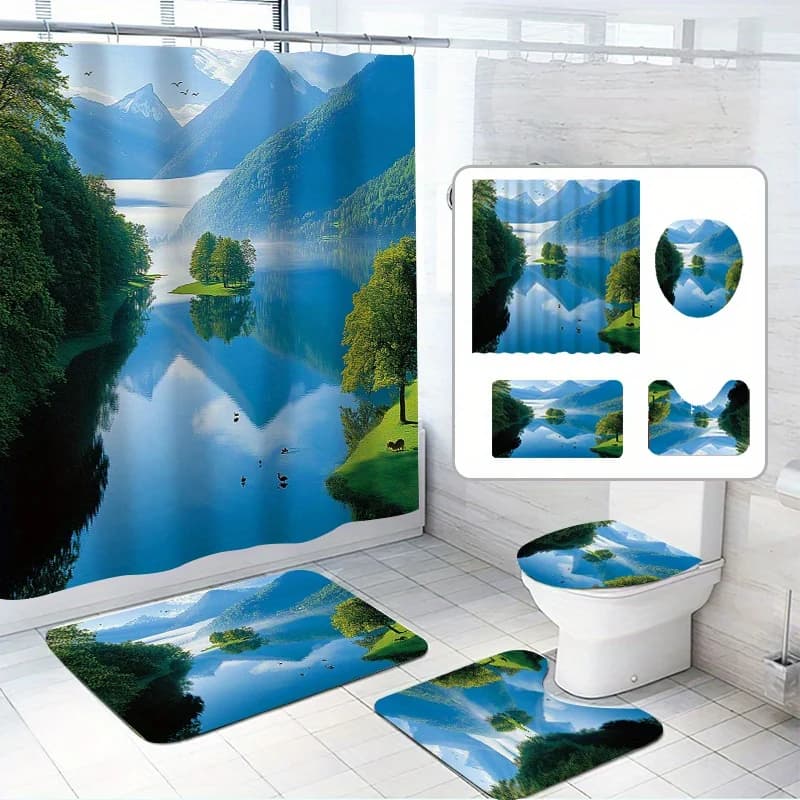 4 pezzi, bellissimo set di tende da doccia Valley, Green Valley, nuvole del cielo riflettente del fiume, con 12 ganci, tessuto in poliestere