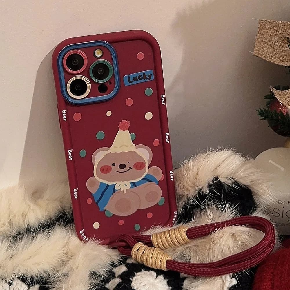 Custodia per telefono antiurto con orsetto cartone animato a pois colorati e simpatici, con cinturino, per iPhone 17 16 15 14 13 12 11 Pro Max XS XR X Plus