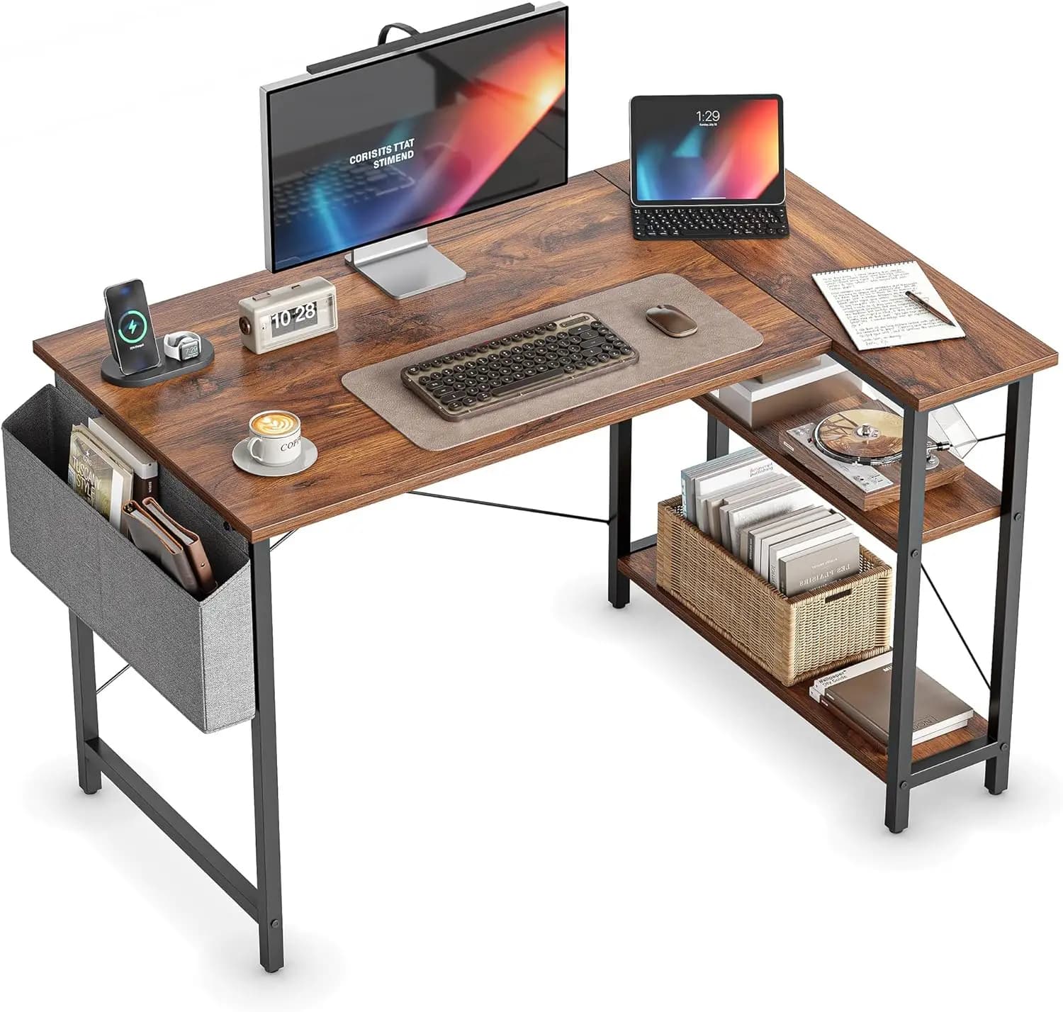Scrivania a L, Scrivania per Computer da 40 Pollici con Ripiani Reversibili, Scrivania Angolare per Ufficio Domestico, Tavolo da Studio e Gaming, Marrone