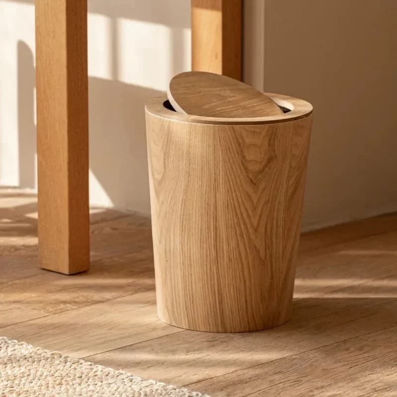 Japanese Style Simple Wooden Trash Can with Lid Creative Home Hotel Living Room Bedroom Waste Bin