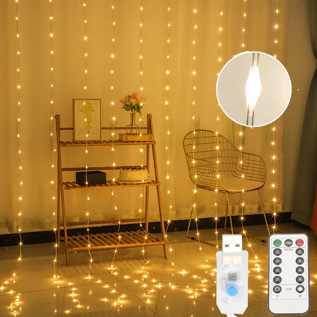 Luci a corda per tende a LED Ghirlande di lucine per matrimoni alimentate tramite USB Ghirlanda per Natale Capodanno Giardino Festa Campeggio Terrazza Decor