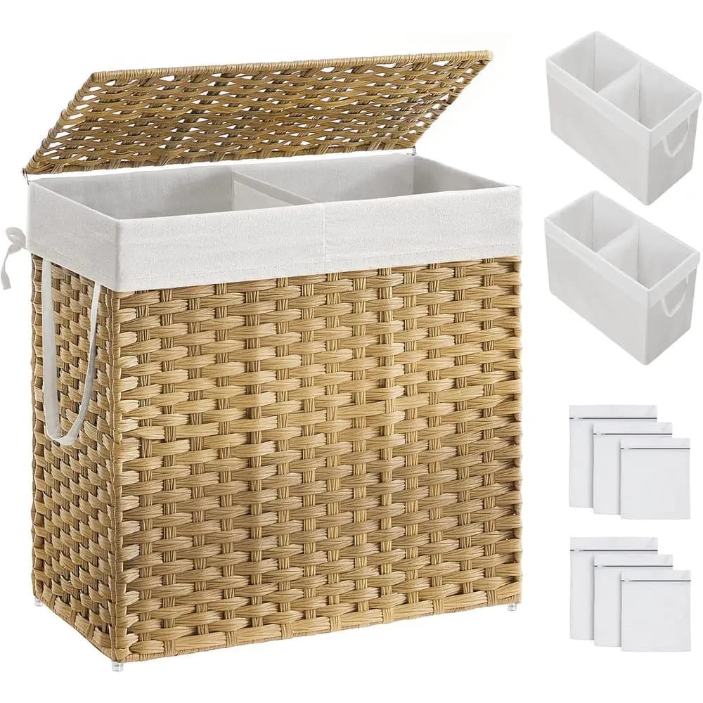 130 liters natural double basket with lid, 2 removable covers and 6 mesh bags, laundry wicker basket, 13x26x23,6 ULCB253 ♪