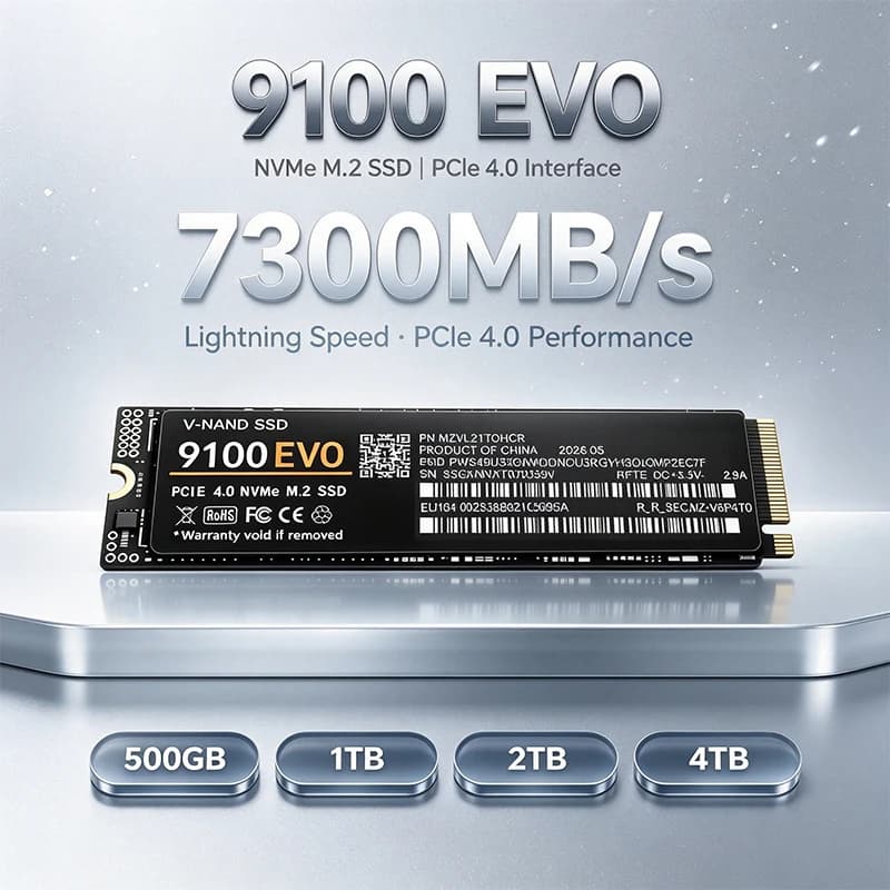 Original 9100 EVO SSD M.2 2280 NVMe PCIe, 500GB-4TB, 7300MB/s Read, TLC 3D NAND, Internal Drive for Desktop & Laptop Gaming.