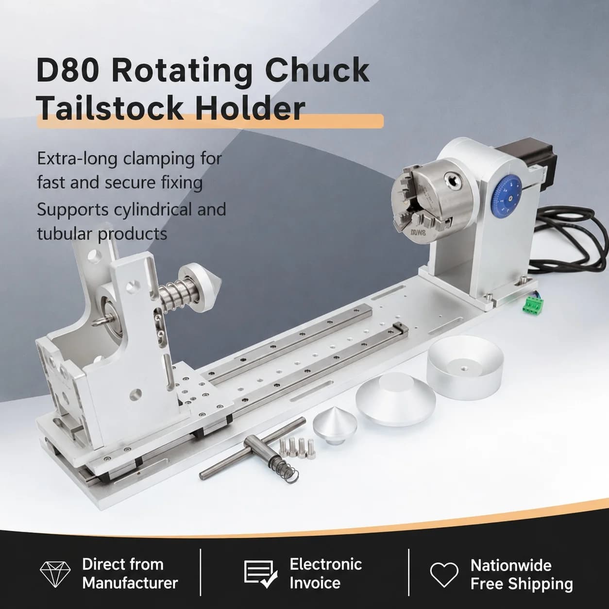 D100 Servo Rotary Fixture Chuck with Tailstock Base and Control Box for Laser Marking Welding Engraving