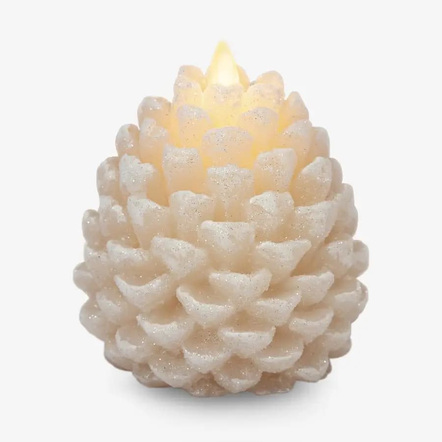 Flameless Candle White Swan Glitter and Snow Finish Pigna figurale, LED candles in real wax not perfumed, battery powered