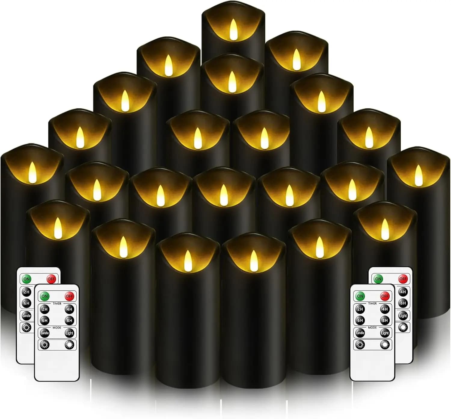 Candele Senza Fiamma con Telecomando, Set di 24 Candele LED a Batteria, Timer 2/4/6/8H, Effetto Sfarfallio Realistico (D2.2 x H 5" 6" 7") Nero