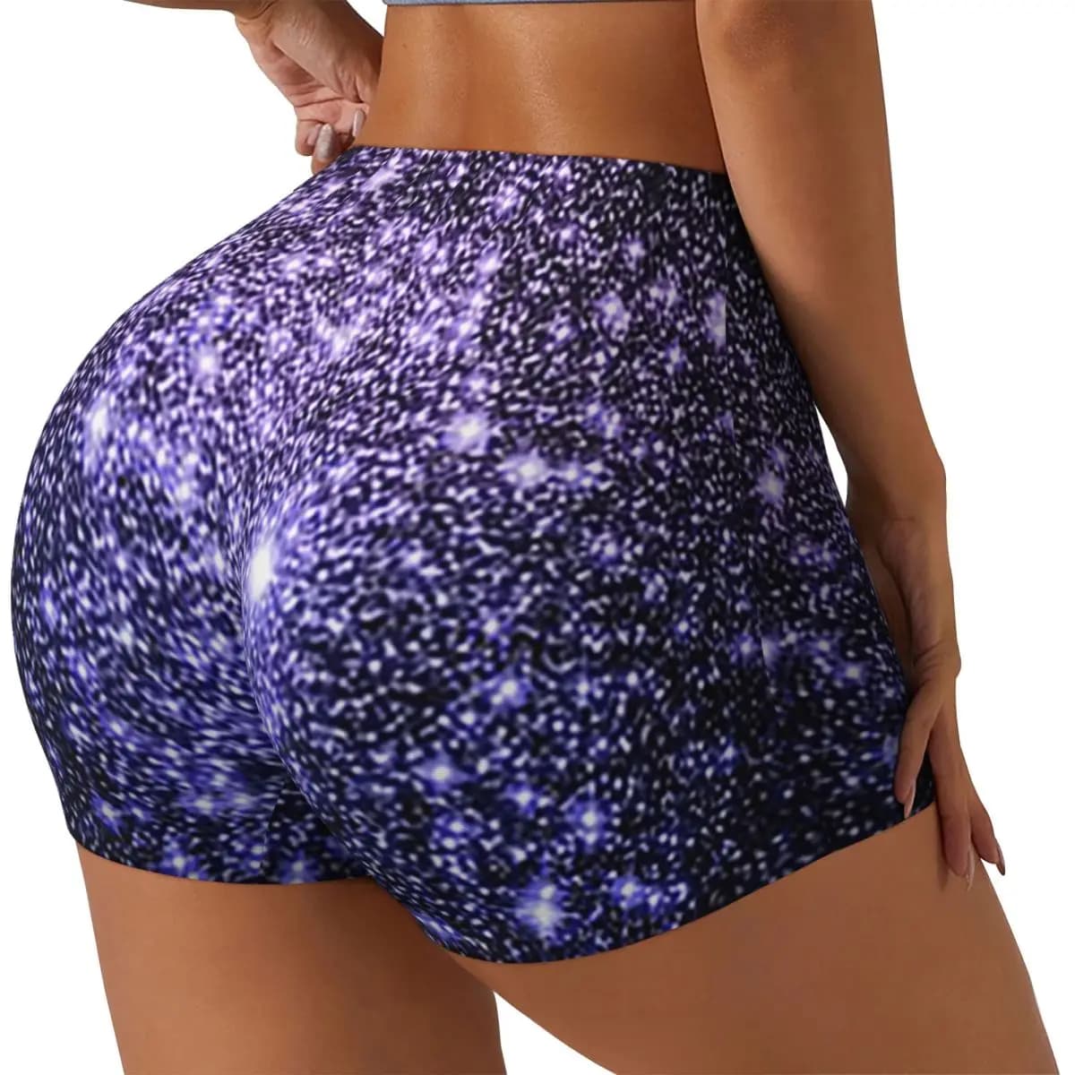 Pantaloncini da corsa per allenamento in palestra da donna personalizzati Galaxy Sparkle Stars Lavender Perwinkle Blue Ombre Pantaloncini da yoga per pallavolo atletico