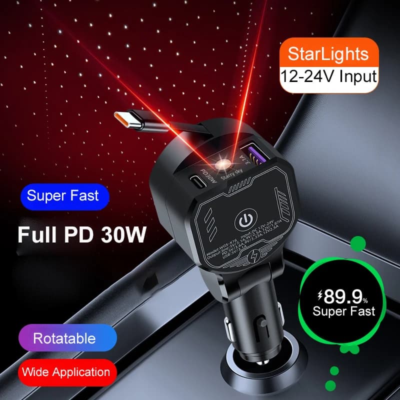 Adattatore per caricabatterie per telefono da auto retrattile UYUXIO con Starlight Full PD 30W Ricarica super veloce 3 in 1 per MacBook iPhone Samsung