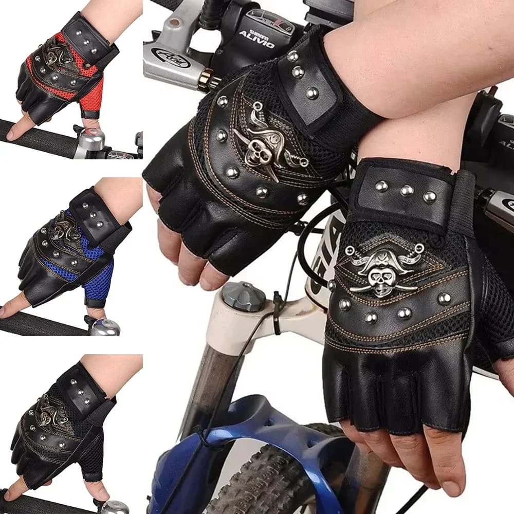 PU Leatherless Gloves Pirate Captain Man Women Helmets Gloves with rivets Hip Hop Gym Woman Moto Gloves with half fingers Gloves