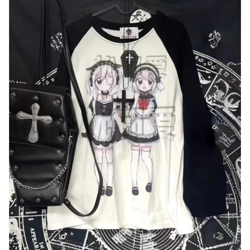 Camicia lunga Y2k dolce sottocultura giapponese Stampa anime Top a maniche lunghe Felpa con cappuccio patchwork bianca nera Harajuku allentata da donna casual