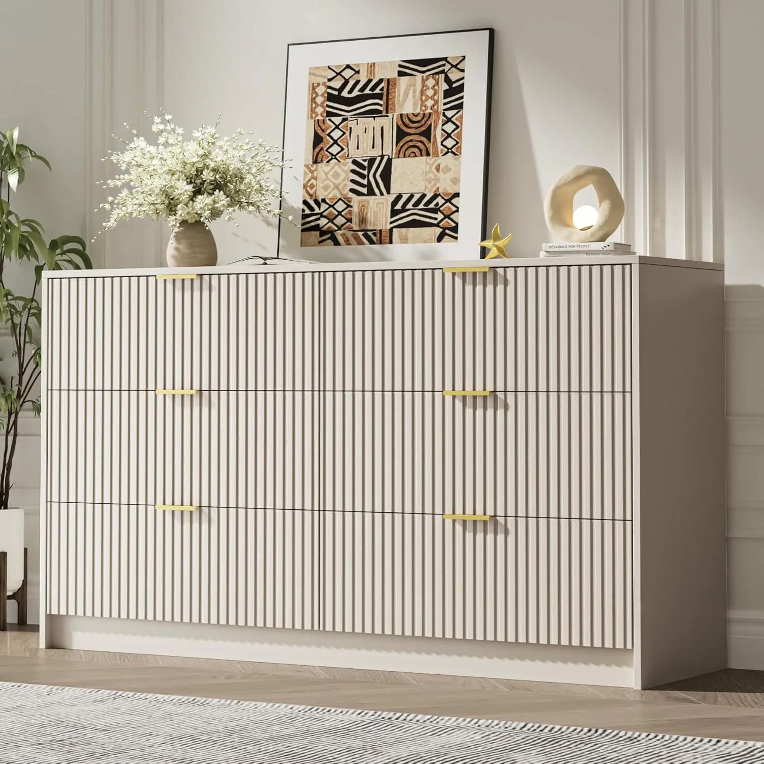 Cassettiera a sei cassetti per camera da letto, 55 cm di larghezza, con maniglie dorate, mobile TV in legno scanalato per soggiorno e corridoio, beige