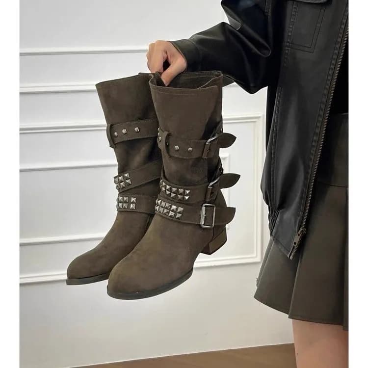 Retro Studded Belt Buckle Mid-Calf Boots for Women, Slimming Round-Toe Fashion Boots, Low Heel Western Cowboy Boots