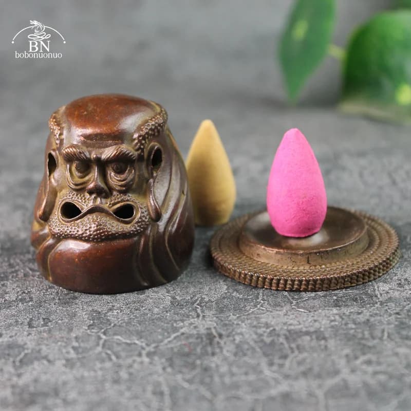 Antique Copper Dharma Statue Desktop Ornament Retro Buddhism Figurine Incense Burner Home Decoration Crafts Accessories