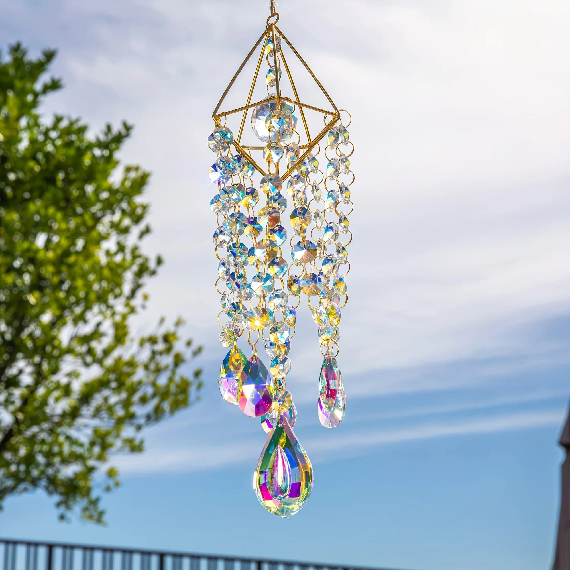 Crystal Suncatchers Hanging Wind Chime Style Garden Suncatcher Rainbow Maker Handmade Gold Plated Suncatcher