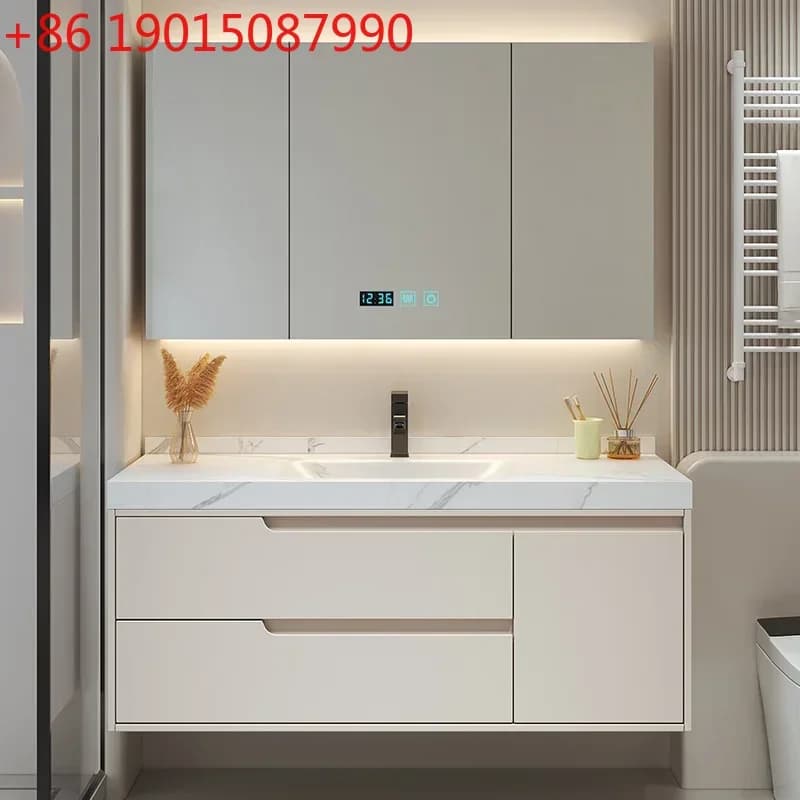 Mobile da Bagno Stile Nordico Crema con Specchio, Lavabo Integrato in Ceramica Senza Giunture, Arredamento Semplice per Casa