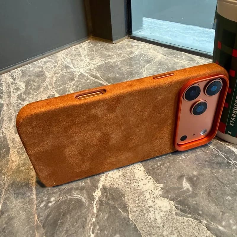 Orange Imported Suede Magnetic Charging Case for iPhone 17 12 13 14 15 16 Pro Max Air Premium Leather All Inclusive Back Cover
