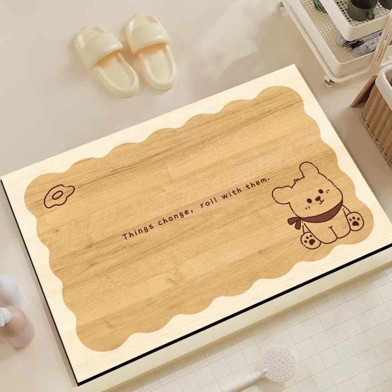 VIKAMA bath mat with cute cartoon bear, non-slip carpet with wood texture and inspirational quote