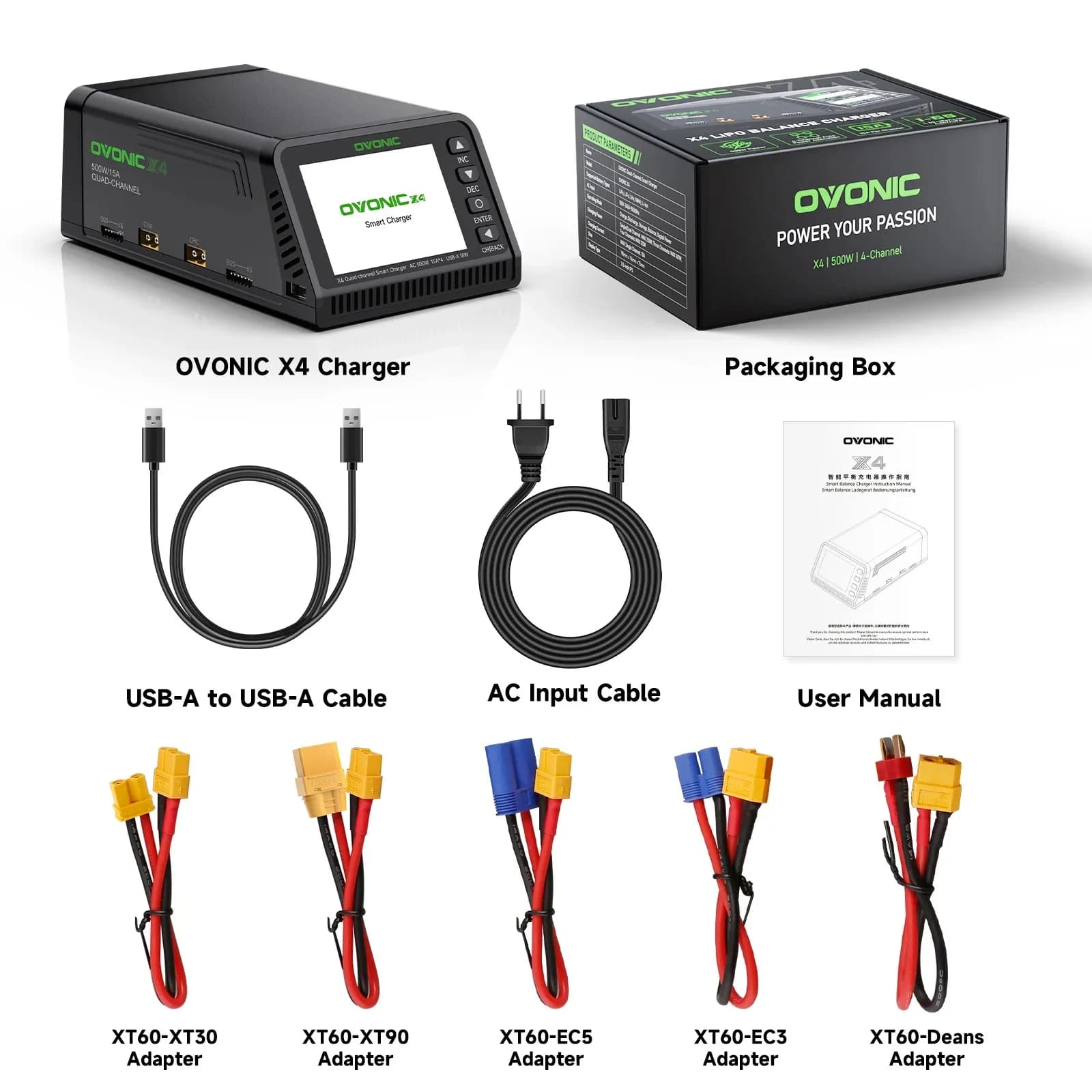 Ovonic X4 AC500W 4 Channel Smart LiPo Battery Charger 15A Per Channel RC Car FPV Drone Multi Battery Charger with 3.5 Inch IPS Display for 1S to 6S LiPo and 3S to 18S NiMH
