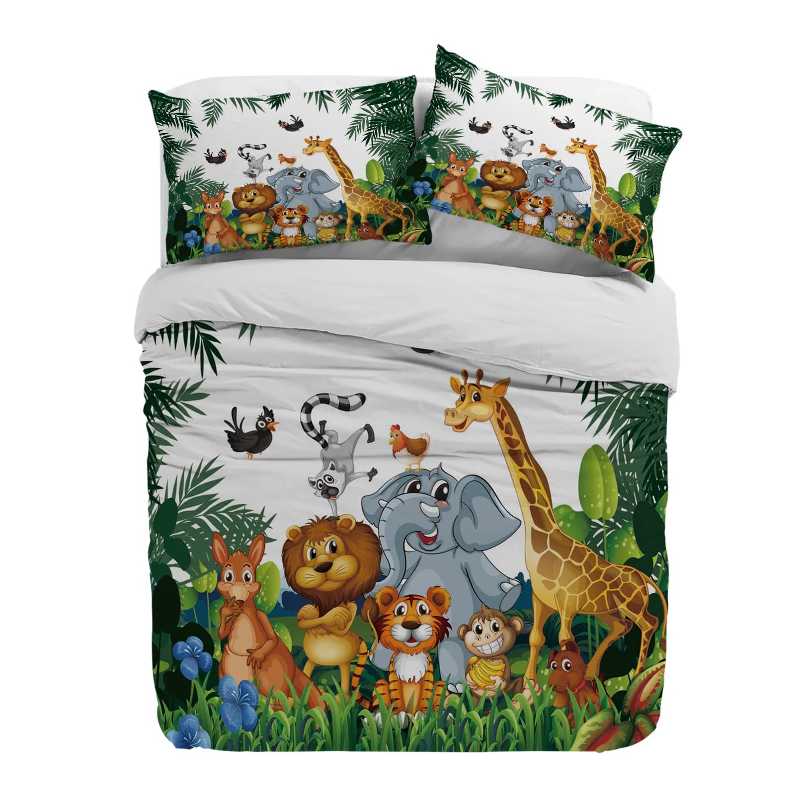 Giungla tropicale Cartone animato Animale Giraffa Leone Elefante Copripiumino Federa Set biancheria da letto Copripiumino Letto matrimoniale Tessili per la casa