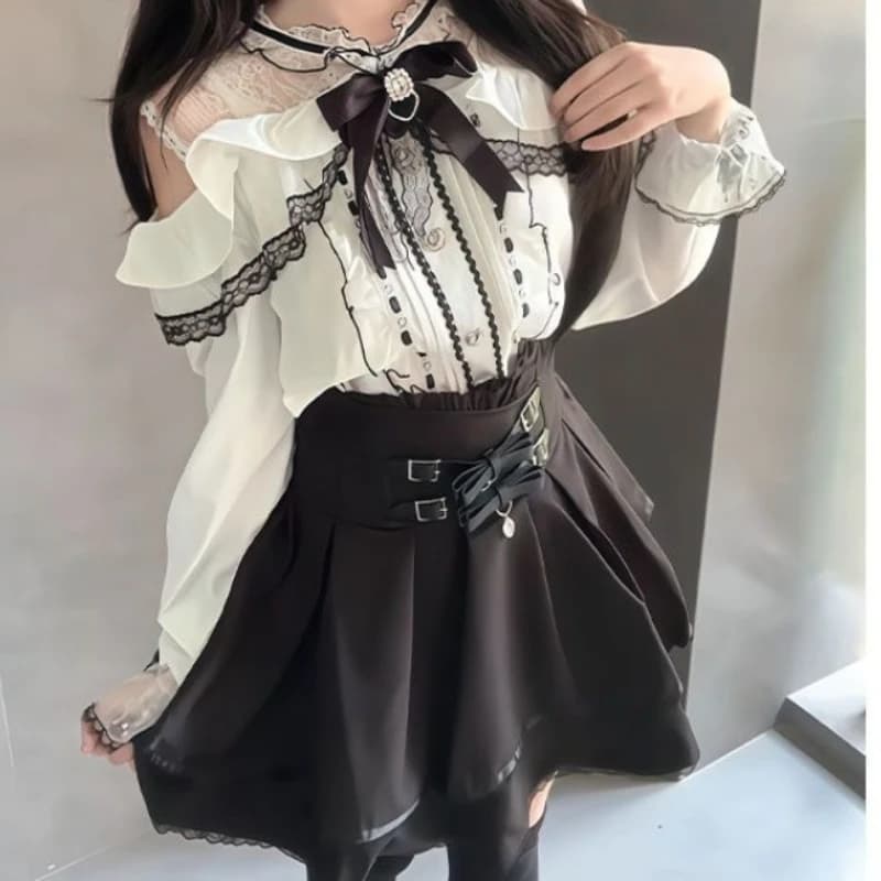 Set style Lolita gothic Japanese Y2k woman's sweet lace with shoulders discoveries volant long sleeve shirt with bow high waist miniskirt