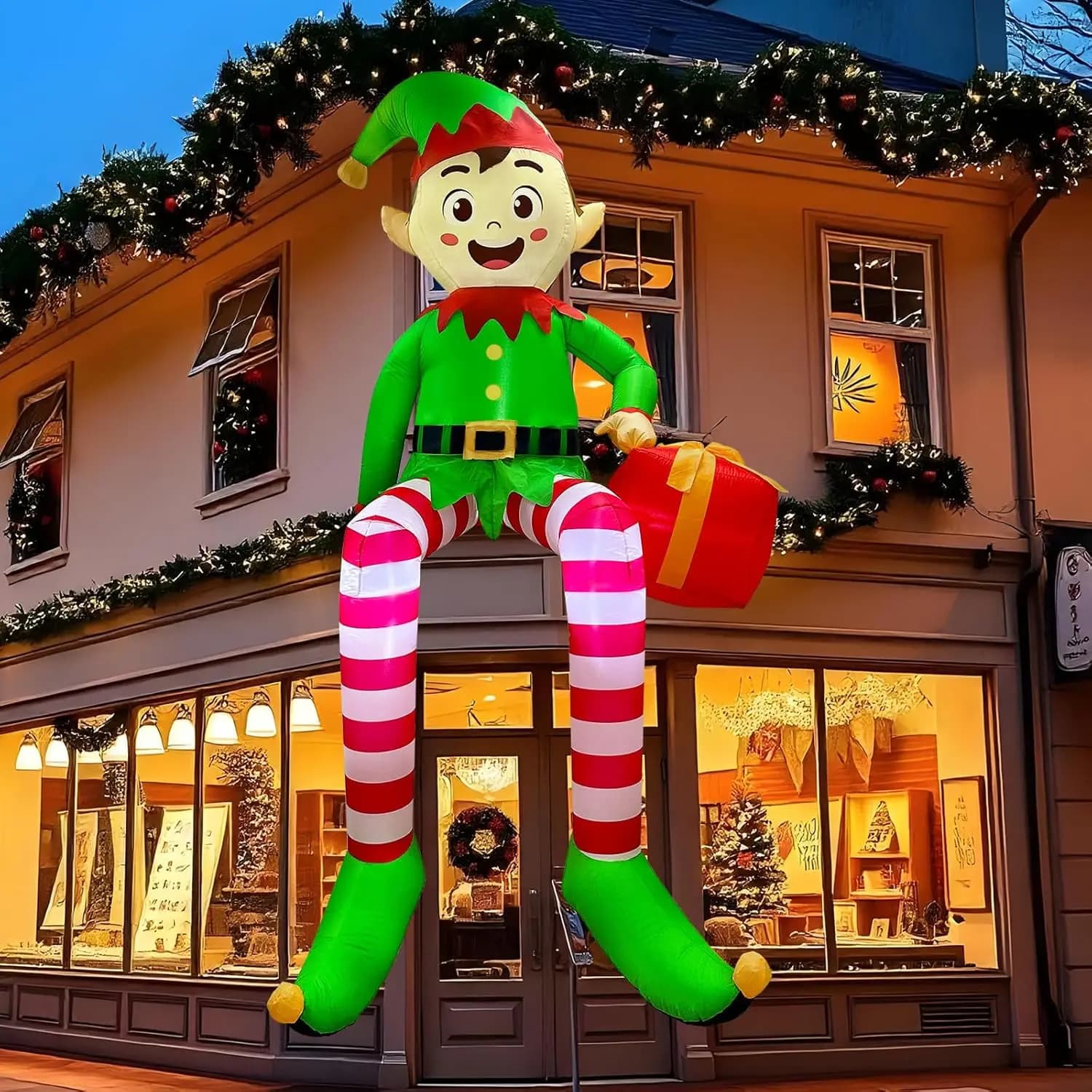1pcs Christmas Inflatable Sitting elf Model with LED Lights,For Xmas Party Indoor Gift Decoration Props