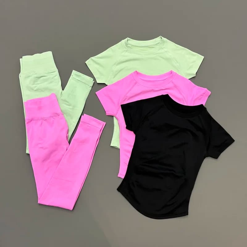 Set da yoga da donna, 2 pezzi, top slim a maniche corte, leggings a vita alta, senza cuciture, per allenamento, palestra, fitness, abbigliamento sportivo ad asciugatura rapida