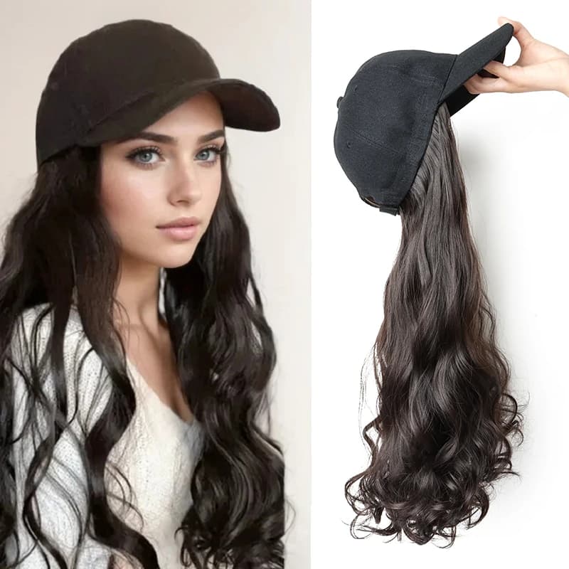 20 Inch Synthetic Long Curtain baseball cap wigs Black Heat Resistant Brown Wiper for Women
