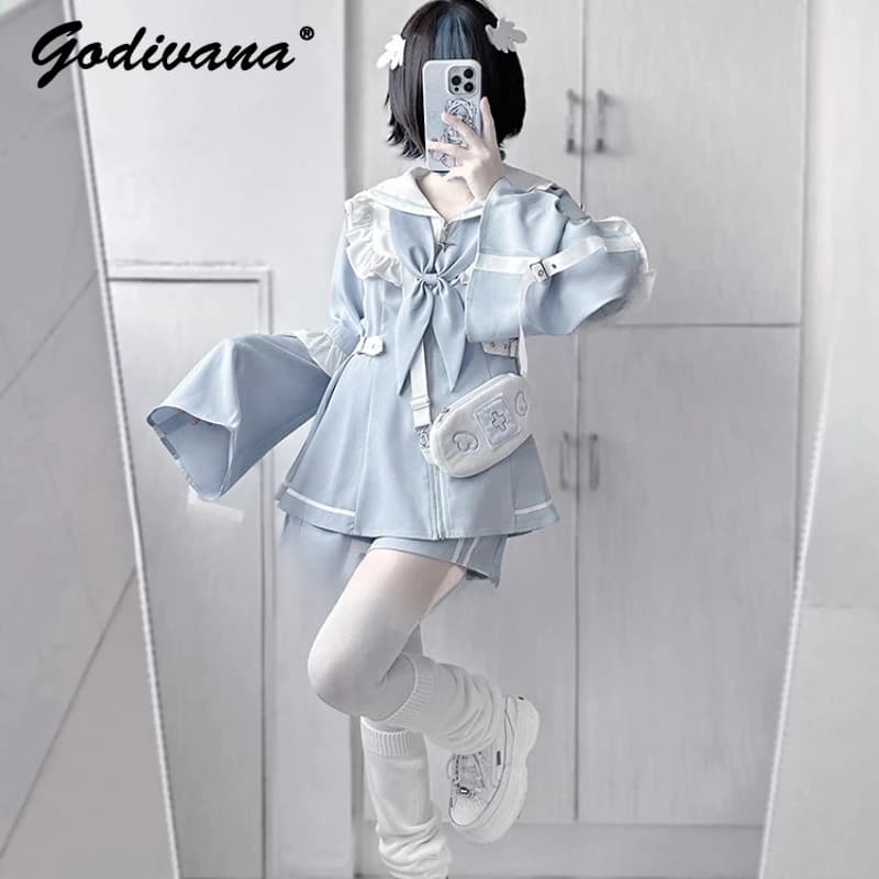 Japanese Mine Medical Series Spring women's Lace manica rimovibile abito e pantaloncini larghi Color acqua 2 pezzi Shorts Suit Outfits