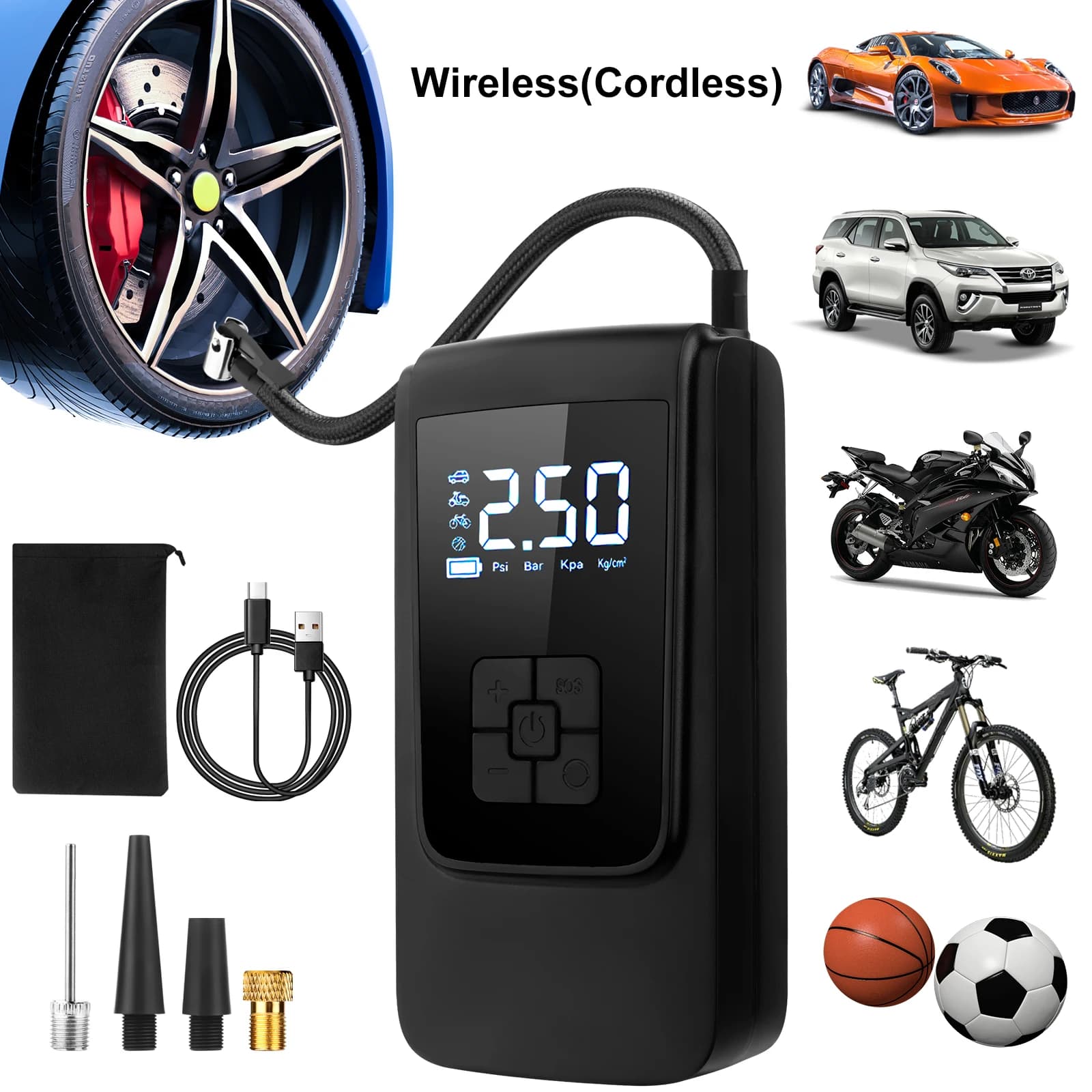 Compressore d'aria portatile wireless per auto, gonfiatore elettrico per pneumatici con display LCD digitale per auto, moto, biciclette e palloni