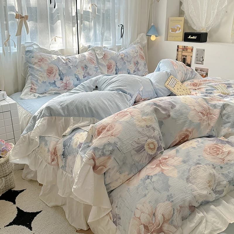 Set di biancheria da letto in stile romantico francese Set copripiumino stampato in cotone lavato con lacci, delicato sulla pelle e confortevole