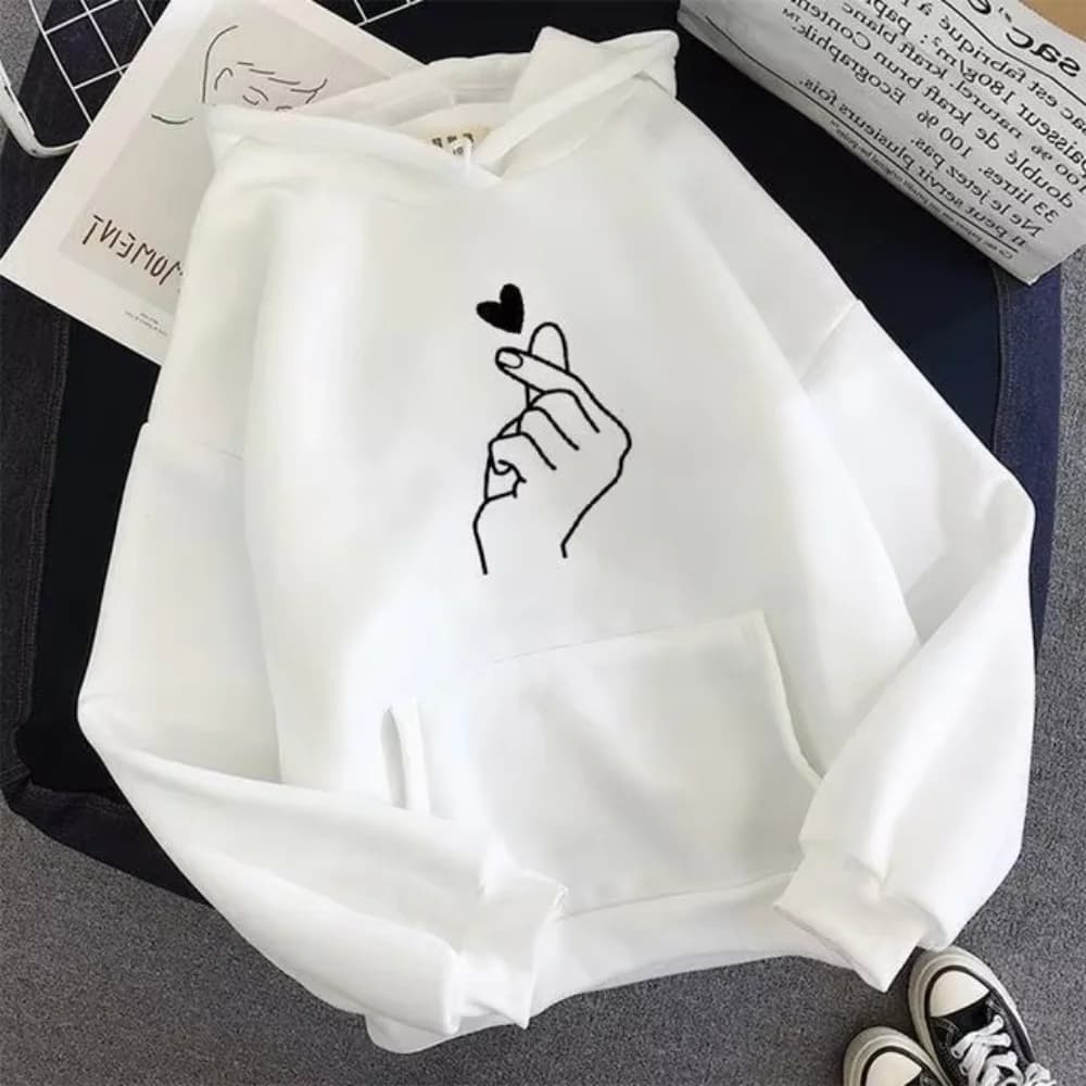 Nuova felpa con cappuccio in pile moda coreana con cuore a mano in tinta unita con tasche con coulisse Felpa ampia a maniche lunghe per l'autunno
