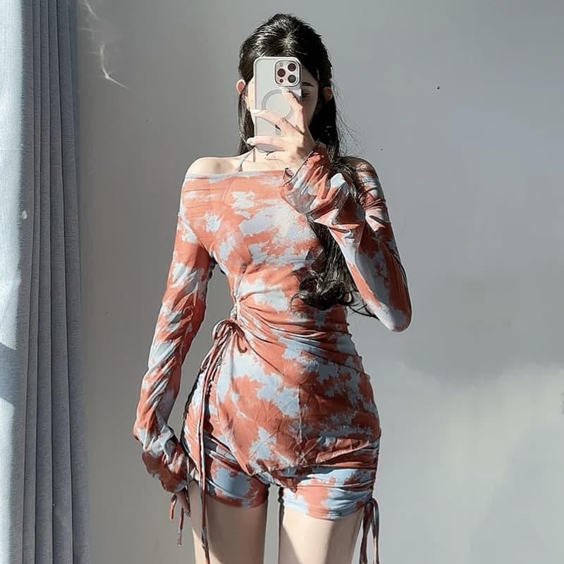 2026 Set bikini in 3 pezzi stile coreano Stampa Ombre Bikini carino sexy con coulisse e costume da bagno copricostume a maniche lunghe per la primavera calda