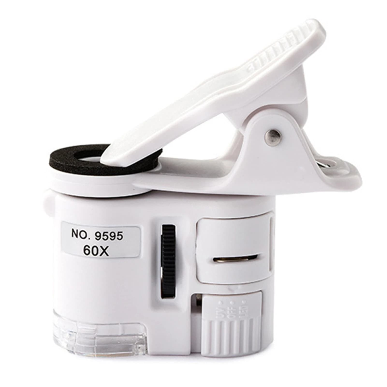 Microscopio mini per smartphone 60X con interruttore di illuminazione a LED, design con scanalatura antiscivolo, microscopio portatile con clip.