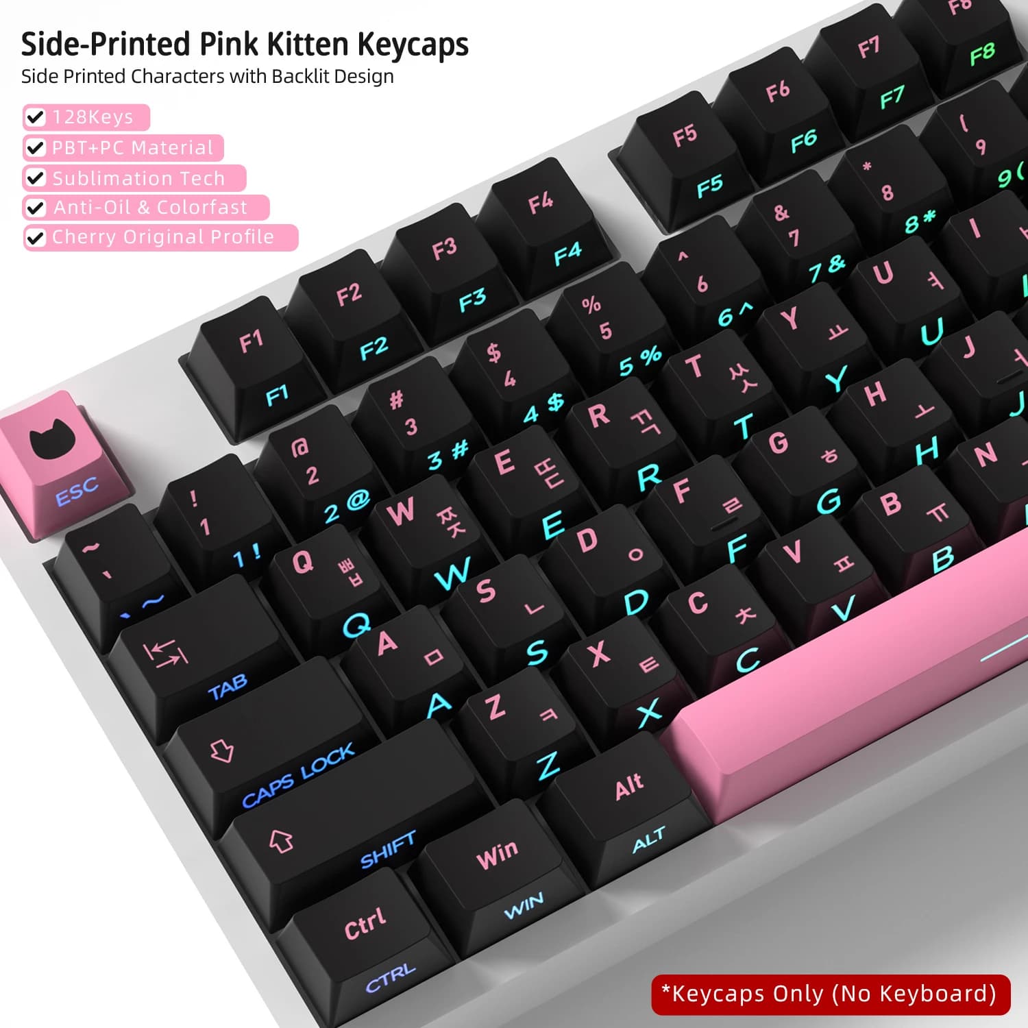 Keycaps Coreani Neri Rosa Gatto con Stampa Laterale Traslucidi Profilo Cherry per Tastiera Meccanica Gaming 60 70 80 90 100