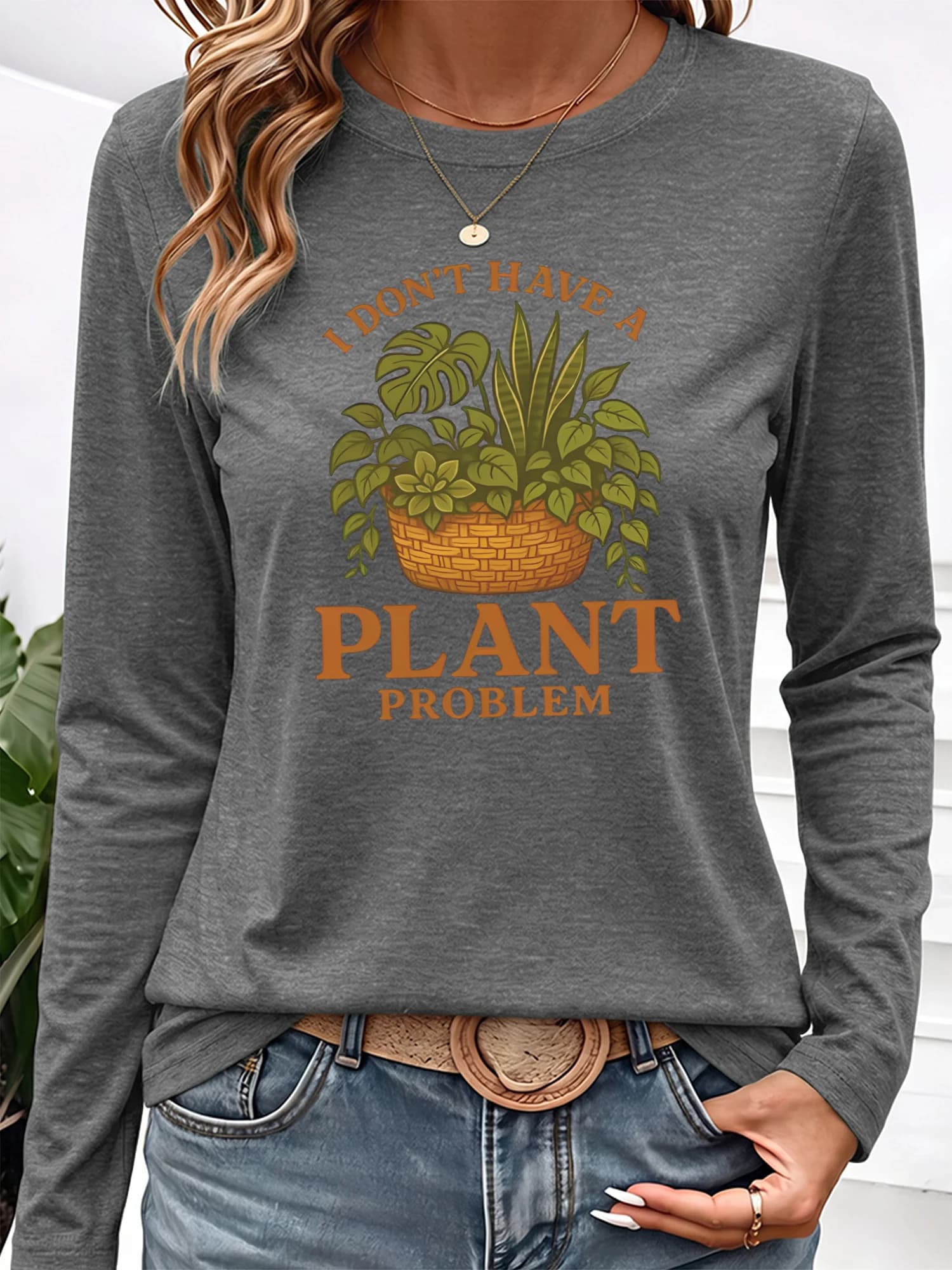 Women's Casual Long Sleeve Tee Round Neck Soft Top with Green Plant Pot Print & Orange 'I DON'T HAVE A PLANT PROBLEM' Slogan - Minimalist Everyday Blouse for Commute Vacation Outdoor, Gift, Local Shipping