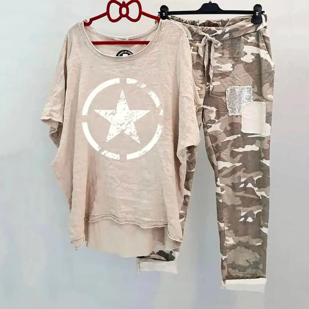 Women's Cotton Mixed Dress Casual Printed Summer Dress O Collo T-shirt Short Sleeved Pants Set Sports Clothing