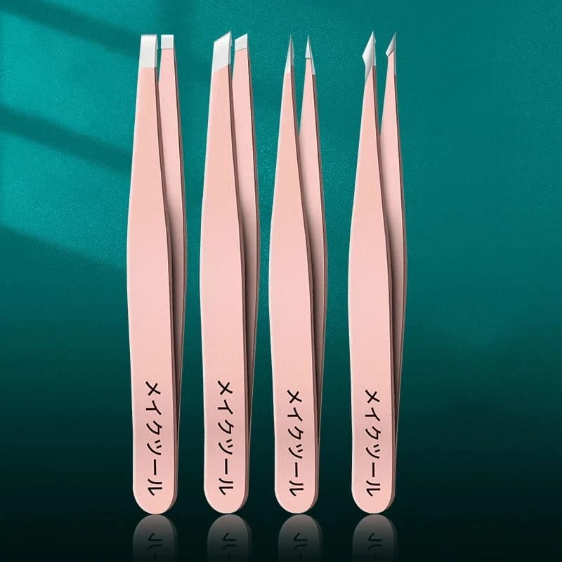 4 set of pink tweezers for daily cleaning of eyebrows, eyelashes and mustache