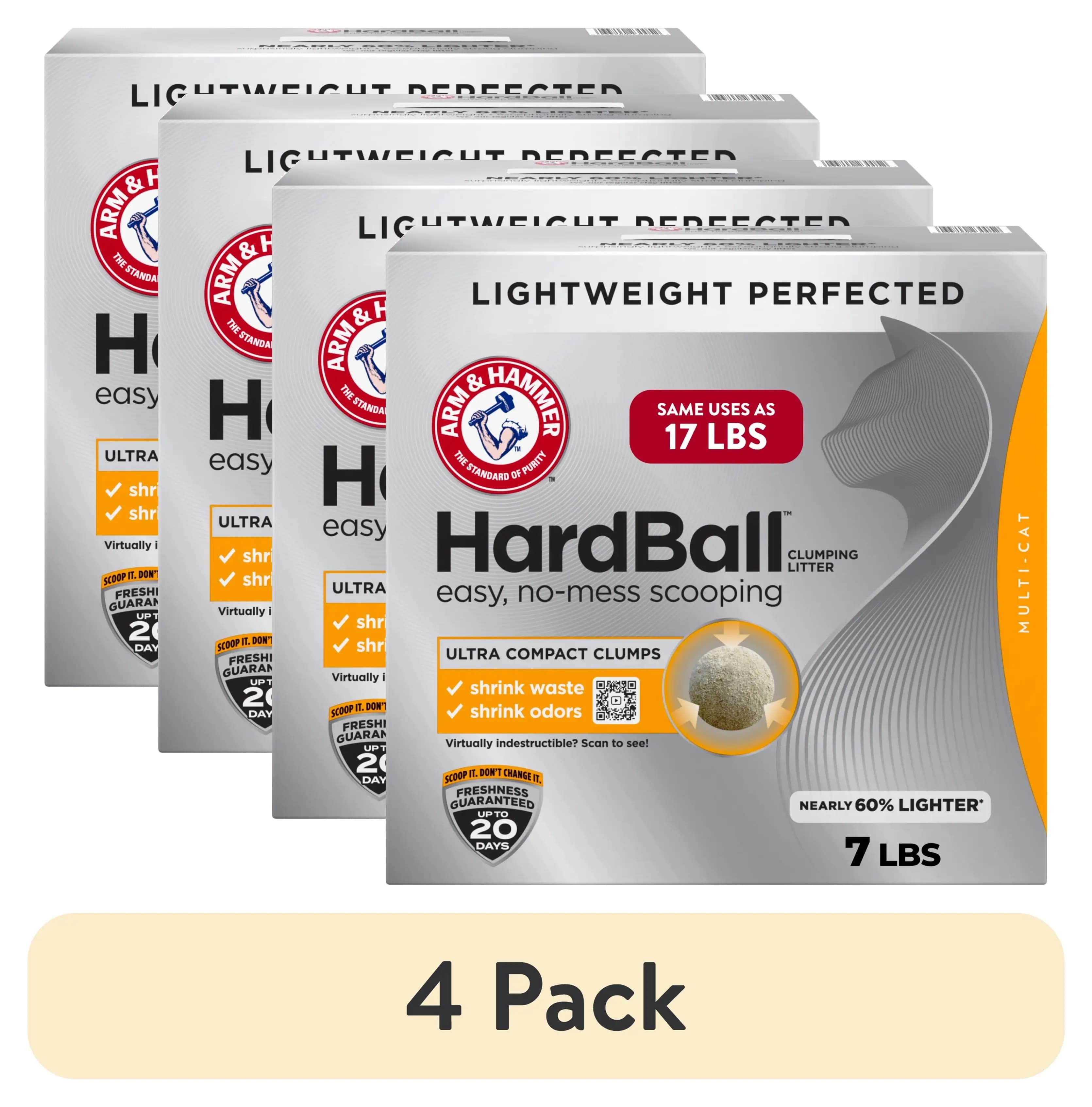 4-pack lightweight hardball cat litter for multi-cat households with clumping and no-mess scooping, 7 lb